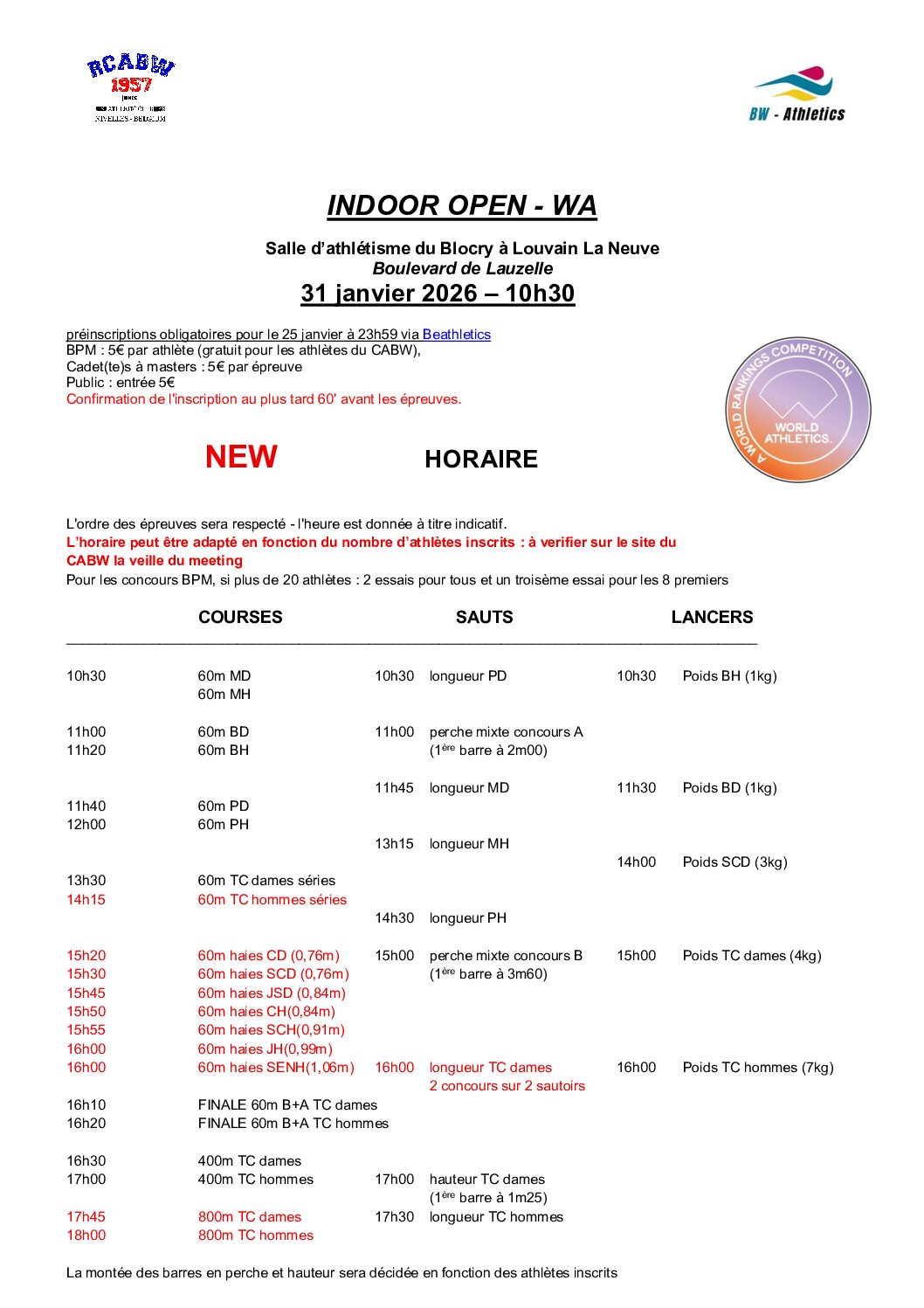 Indoor 31/01/26 Horaire modifié
